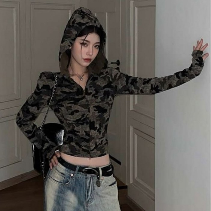 더플로우커머스 여성용 스트릿감성 플라쥬 크롭핏 후드 집업