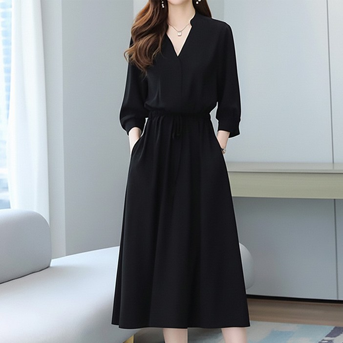 페이릿 여성용 빅사이즈 데일리 허리스트링 브이넥 원피스
