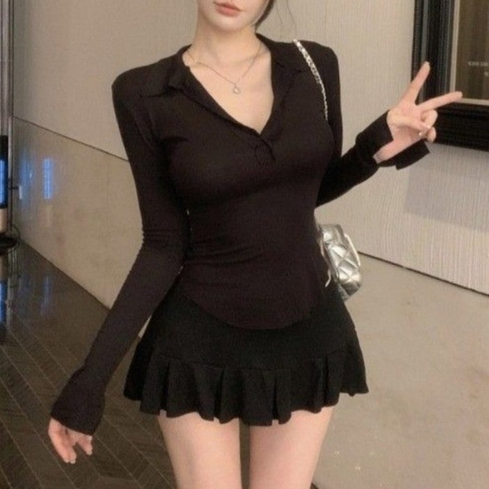 아이엠몽 여성용 슬림핏 브이넥 카라 긴소매 플리츠 스커트 투피스 세트 R6S022