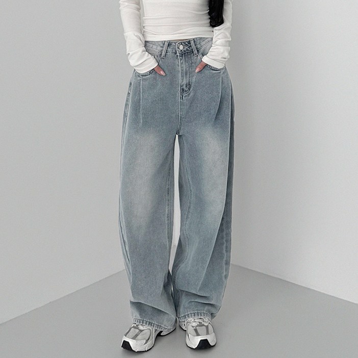 유라잇 여성용 기본롱 유핏 3탄 프론트 핀턱 벌룬핏 와이드 데님팬츠 322234