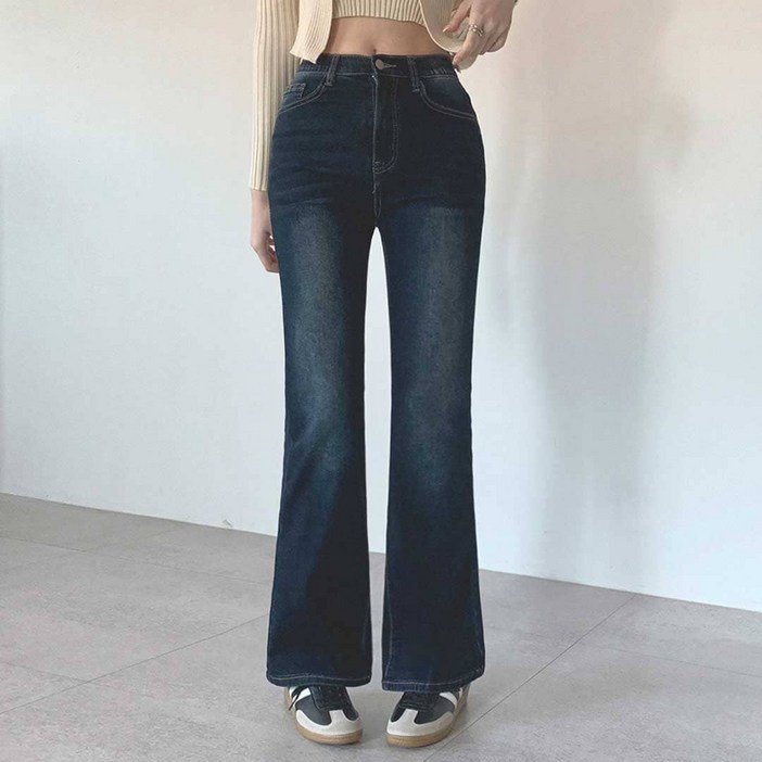 플랜데이 숏롱 기장 여성용 치키 속밴딩 워싱 세미부츠컷 데님팬츠