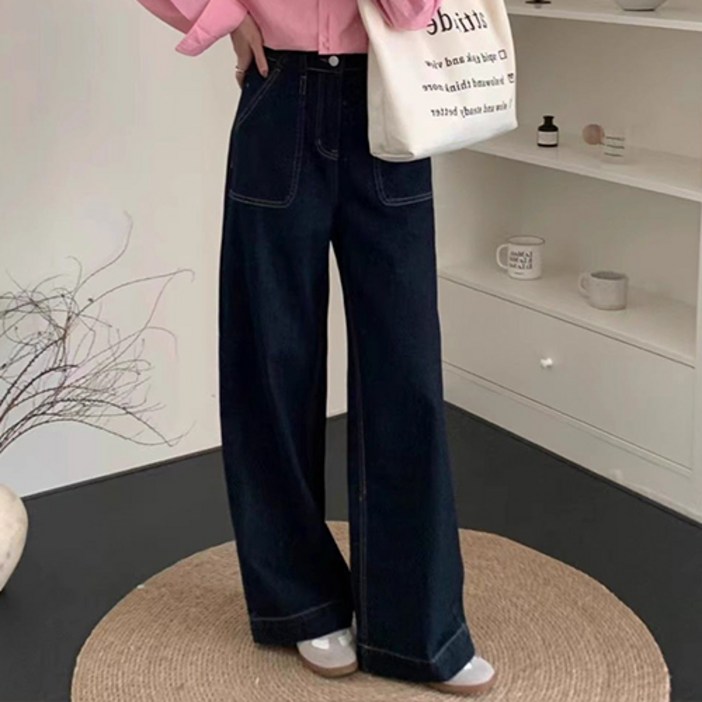 레몬소울 여성용 어드리 와이드 생지 데님 팬츠