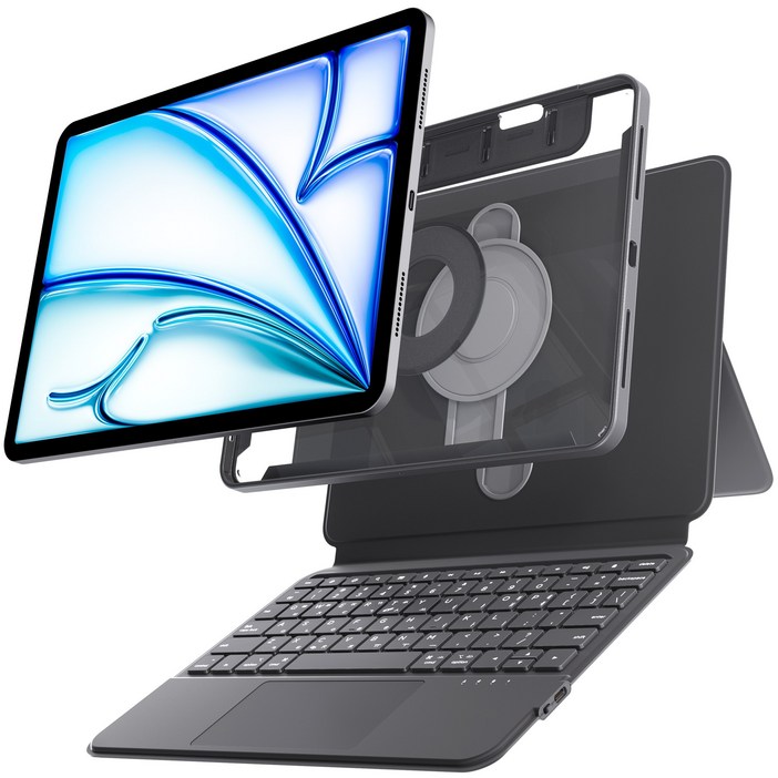 AITEWO 아이패드 키보드 케이스 매직 맥세이프 세로 가로 높이조절 펜슬수납 트랙패드 M4 M5 A16 10.91112.913인치 프로1234세대 에어4567, 블랙, 1개