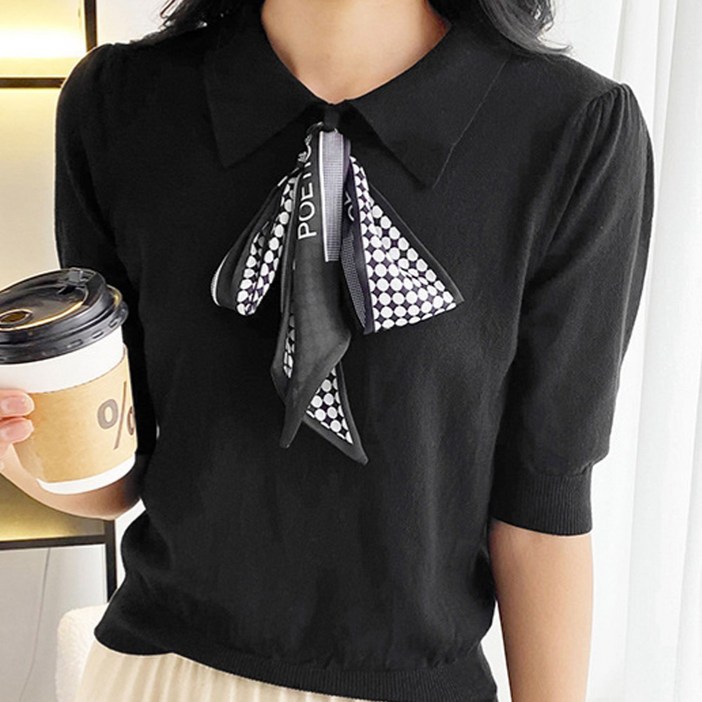 에리페 여성용 스카프 카라넥 반팔 컬러 니트