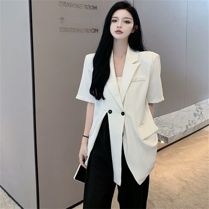 besteffie 반팔자켓 여성 더블카라 버튼 오버핏 반팔 여성 자켓 캐주얼 빅사이즈 반팔 롱자켓 E58 besteffie 반팔자켓 여성 더블카라 버튼 오버핏 반팔 여성 자켓 캐주얼 빅사이즈 반팔 롱자켓 E58