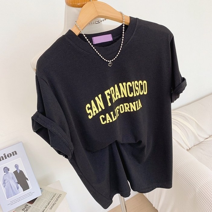 찰랑 스판 레터링 여름 라운드 반팔 티셔츠