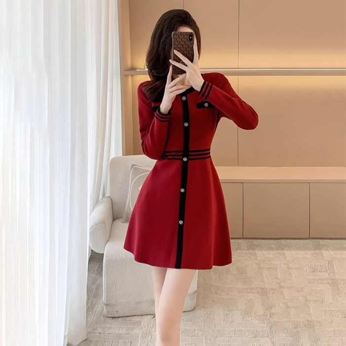 지고다그 여성용 추동용 배색 버튼 트위드 니트 원피스 허리라인 A라인 미니 니트원피스 YY32730