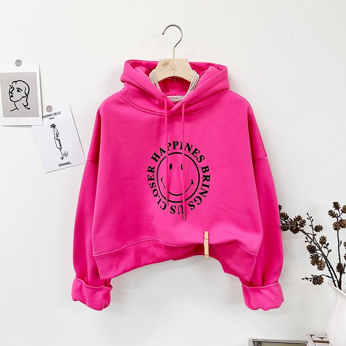 스마일 프린트 레터링 세미 크롭 기모 후드티