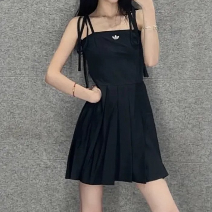 아디다스 리본 플리츠 미니 드레스 원피스 블랙 JW0115