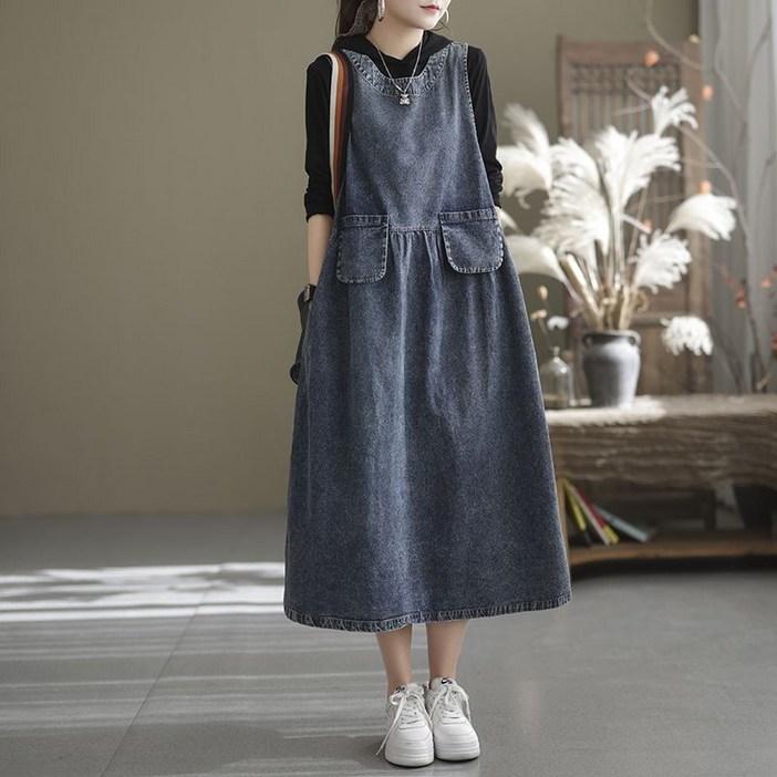 중년 여성 데님 멜빵 원피스 캐주얼 봄 가을 민소매 원피스 루즈핏 엄마 청치마 기질 빈티지 데님 멜빵 원피스 CY