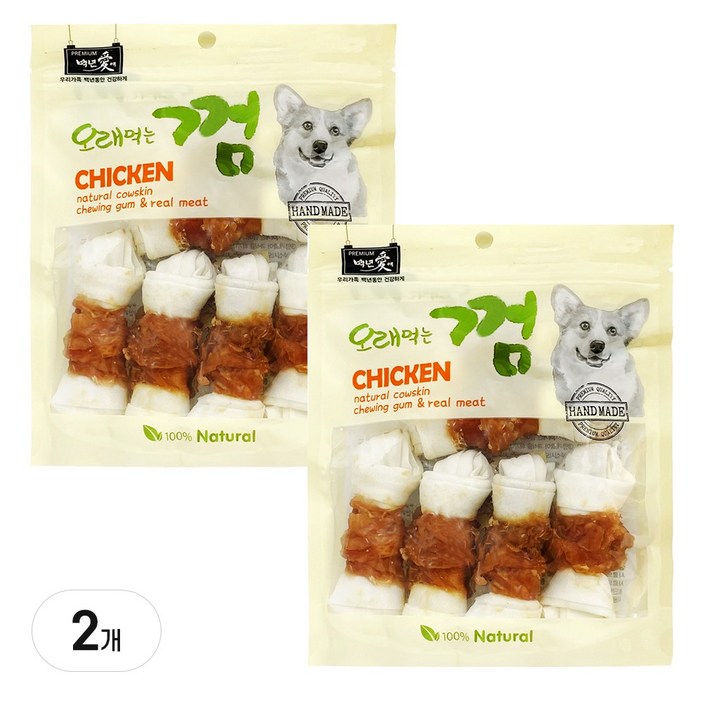 백년애 고기가 2배 이상 말린 오래먹는 개껌 강아지 간식 껌 치석 제거 2개 묶음, 2개, 250g, 닭고기 중형