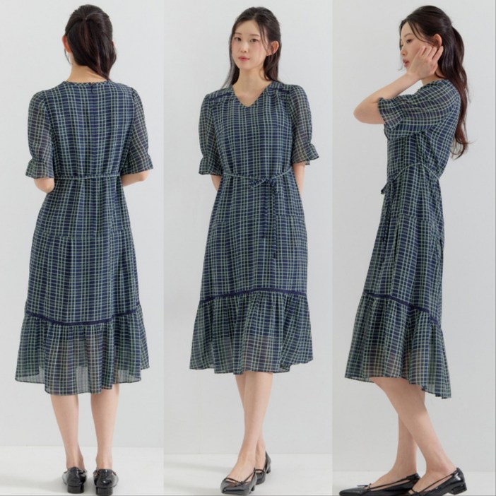[지센] 여성 폴리 체크 쉬폰 플레어튜닉 원피스 LFOPP506
