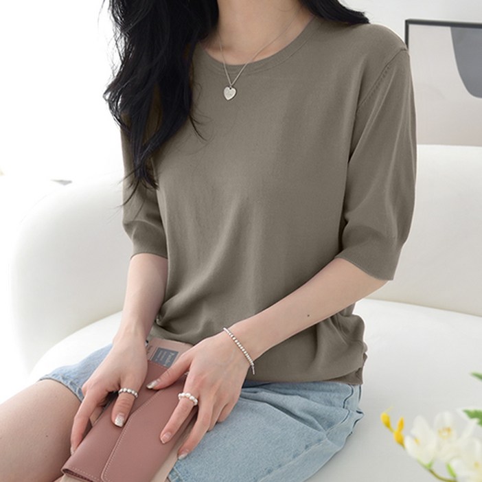 데일리앤 페이디 5부소매 라운드 반플 여름 니트 티셔츠