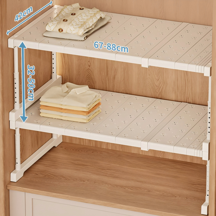 Shipshape 옷장 레이어드 높이조절 길이조절 칸막이 싱크대 하부장 정리 수납 선반 신발걸이 적층형 정리대, 1개, 화이트(47~68x42x34~50)cm