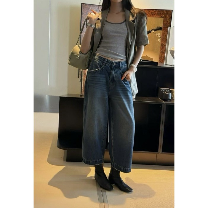 지티세븐 여성용 데일리 7부기장 세미와이드핏 데님 청바지