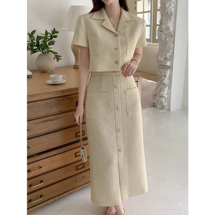 프렌치 스타일 여름 숏 재킷 세트 여성 패션 코디 슬리밍 트위드 의류 투피스 니트 반팔