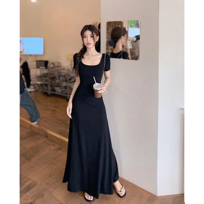 여름 가을 블랙 롱 원피스 반팔 슬림핏 하객룩 데일리 데이트룩