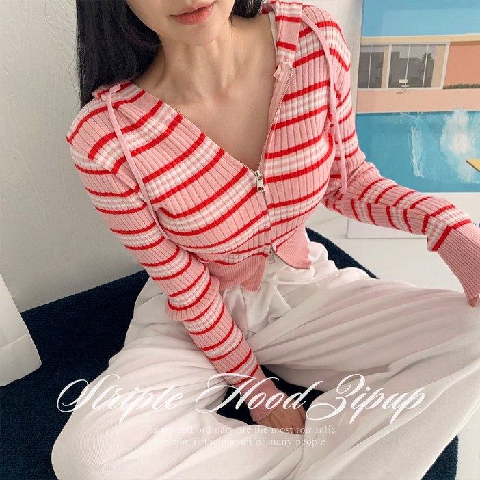 [순이] S.여성 스트라이프 크롭 후드 이중 집업