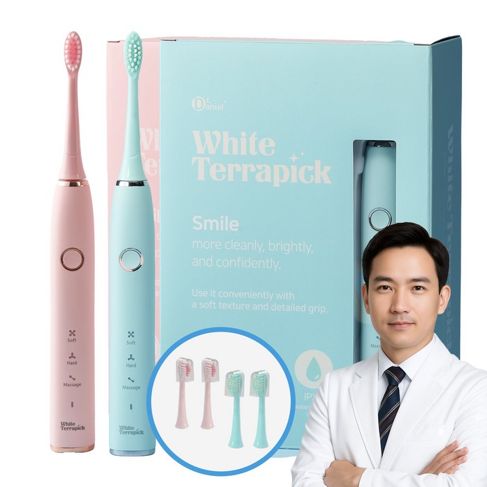 [치과약국판매] 프로벨 음파전동칫솔 저자극 방수 1년무상A/S 칫솔모2개포함, 화이트테라픽 음파칫솔, 핑크+민트, 2개