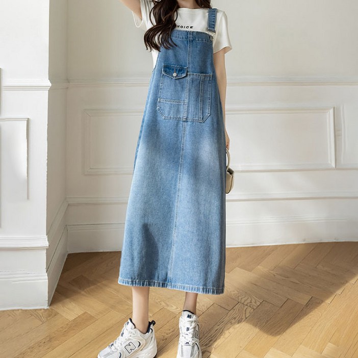 POMTOR 여성 빅 사이즈 멜빵 치마  루즈핏 캐주얼 데님 멜빵 원피스