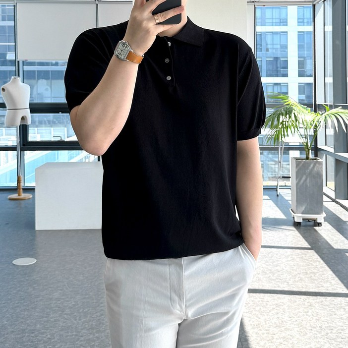 룩플레인 시원한 여름 린넨 반팔 니트 카라 티셔츠 7color