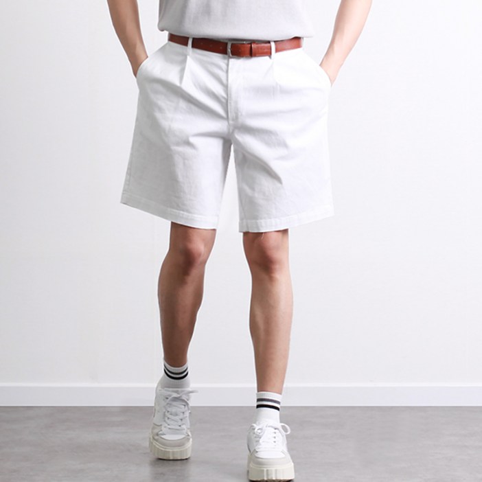 투뎃 남성용 빅사이즈 고급 댄디 핀턱 와이드 면 반바지