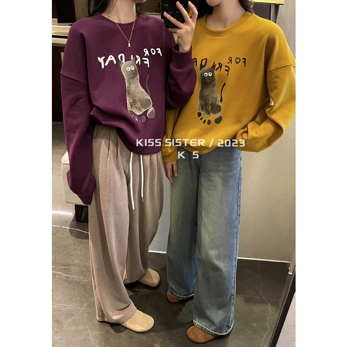 가을 한국판 맨투맨 여자 라운드 캐릭터 나이 든 고양이 레터링 프린트 쇼트 나른한 캐주얼 긴팔