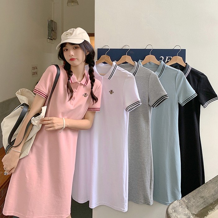 스타일아유 여성 여름 반팔 캐쥬얼 테니스 소프트 루즈핏 미디 셔츠 카라 원피스