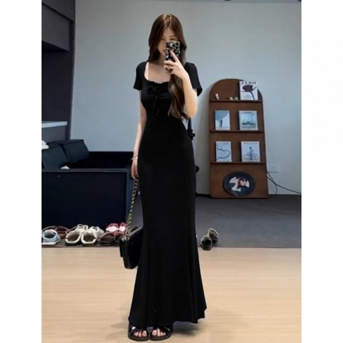 해피유통 블루 랩 원피스 허리 조임 날씬해 보이는 스퀘어넥 셔링 스트링 반팔 머메이드 롱스커트   BJJ001