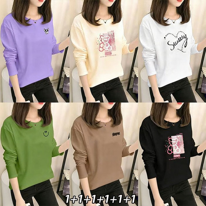 YLEMI 1+1+1+1+1+1 봄 가을 사계절 간절기 이너 기본 티셔츠 여유로운 여성 긴팔티셔츠