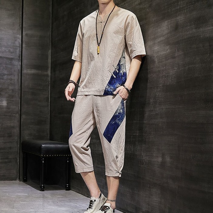 JUSTFEELING 린넨 반팔 티셔츠 빅사이즈 투피스 남성의류 빅사이즈 여름 반팔티 반바지 세트