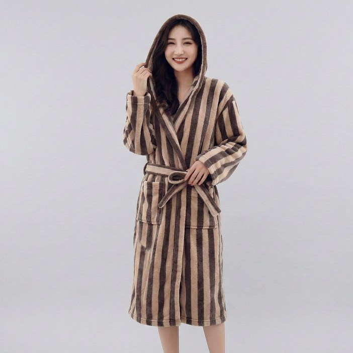 로바인 극세사 스트라이프 남여공용 후드 샤워가운, 브라운 스트라이프, 1개