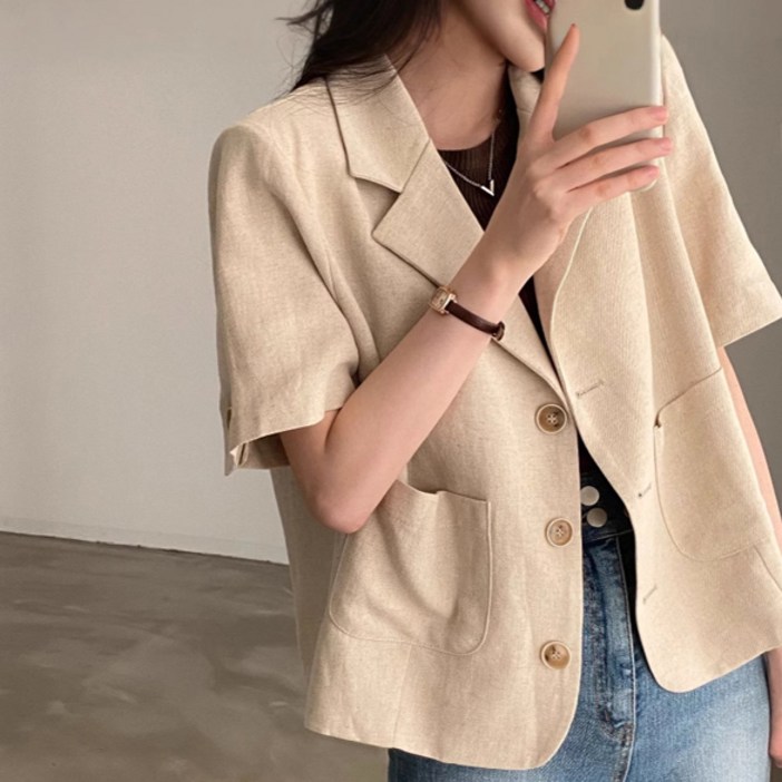 여성용 여름 린넨 베이직 캐주얼 반팔 자켓 버튼 포켓 반소매 정장 솔트 스타일 오피스 상의