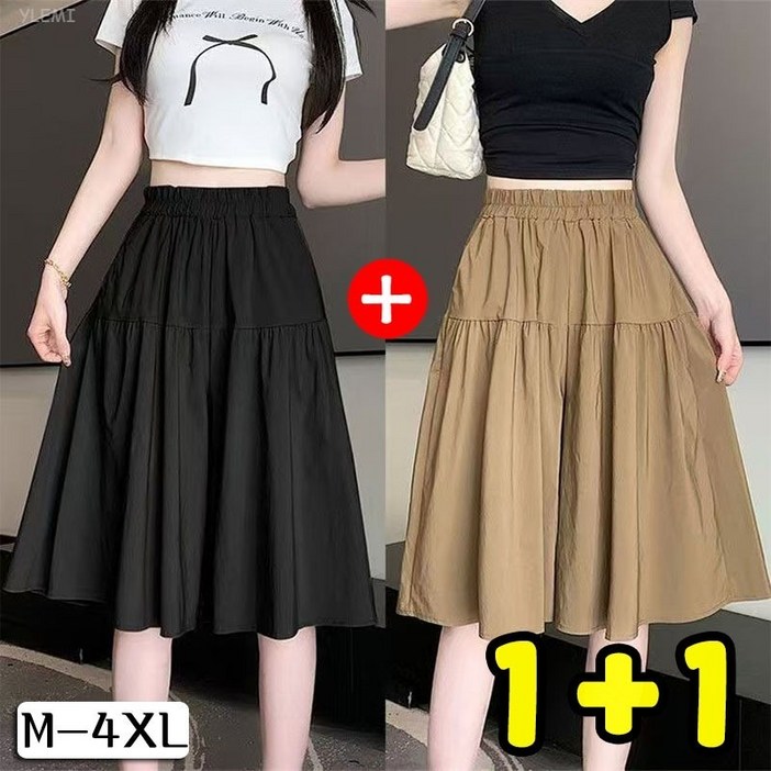 YLEMI 1+1 여성 여름 살랑 통 치마바지 밴딩 플레어 5부2p 세트