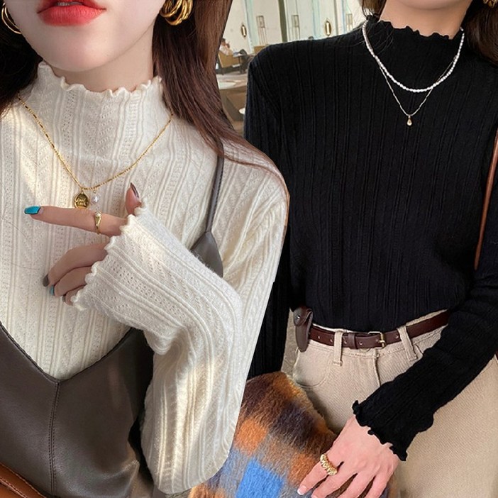 맵시난다 여성 터들넥 슬림핏 물결 프릴 반넥 반폴라 골지 반목 폴라 니트티 U337 11