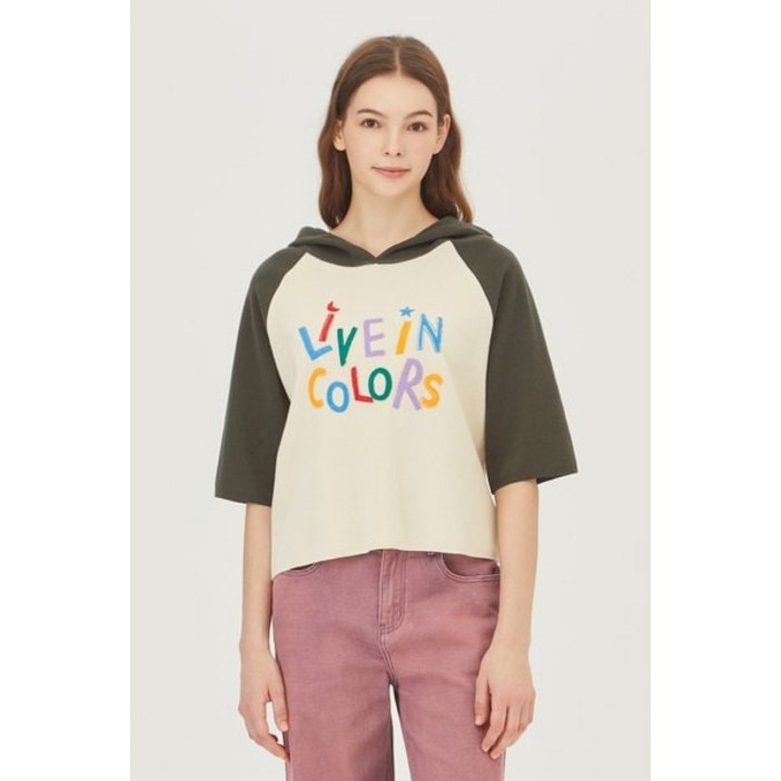 베네통 여성 후드티 라글란 배색 후드 니트BAKP06341