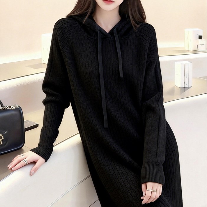 [24시간 동안 번개 같은 할인!] KDNC 여성 긴팔 후드티 니트 원피스 캐주얼 심플한