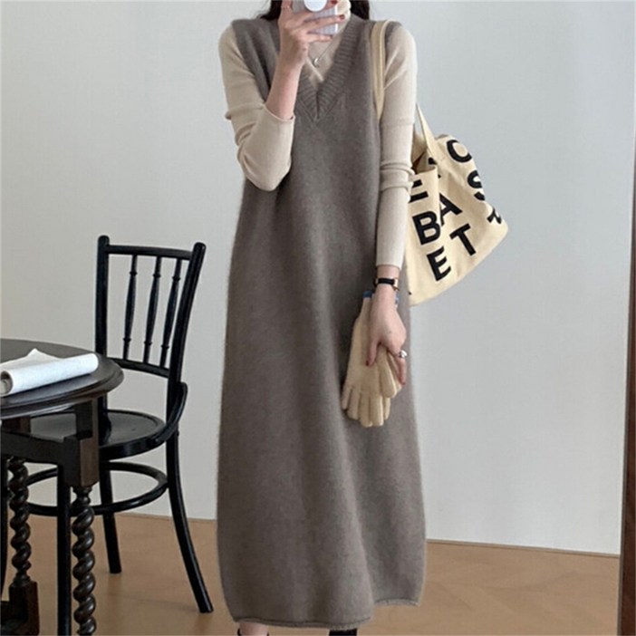 Vezri 여성 가을 겨울 루즈핏 니트 조끼 원피스 레이어드 무지 베스트