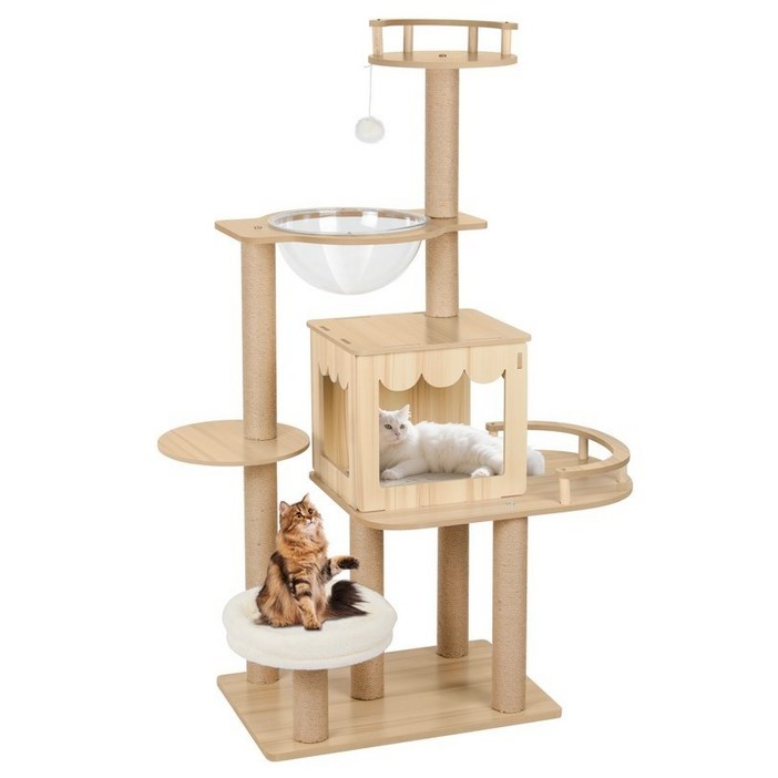 리빙가감법 고양이 대형 스크래쳐 캣타워 반려동물 실내 호화로운 목제 아크릴 해먹 방석 장난감 캣타워 다층 구조 기둥 숨숨집 강력한 내하중 흔들없이, 원목색, 1개