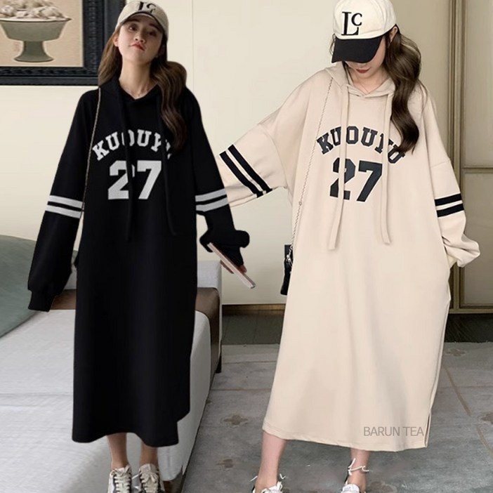 바른티 여성용 빅사이즈 후드 롱 오버핏 루즈핏 레터링 긴팔 간절기 사계절 원피스 박시레터링후드원피스