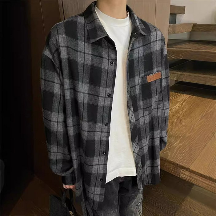 ANYOU 남성 체크 셔츠 루즈핏 숄카라 긴팔 셔츠 캐주얼