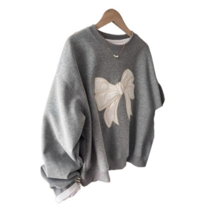 POMTOR 여성 오버핏 라운드 맨투맨 리본 루즈핏 롱 티 셔츠