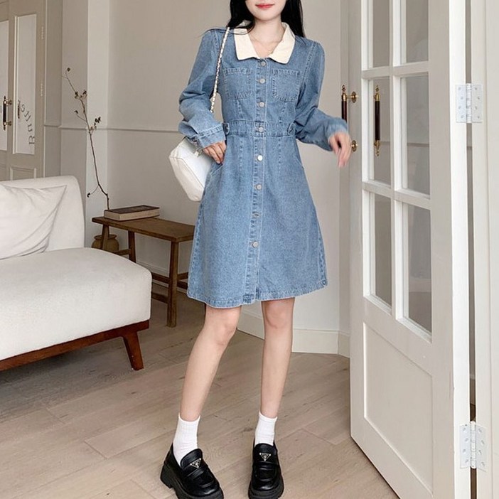카라 배색 여성 긴팔 데님 미디 원피스nog61IOY