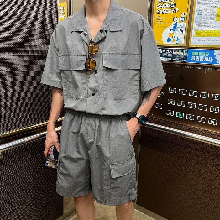 얼로우투게더 아웃포켓 셔츠반바지 세트 반팔 자켓 숏팬츠 트레이닝 투피스 셋업 여름 남여공용 커플룩 시밀러룩