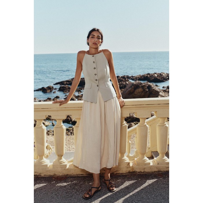 ZARA 자라 플리츠 스커트 미디 뷔스티에 원피스  베이지5029115710