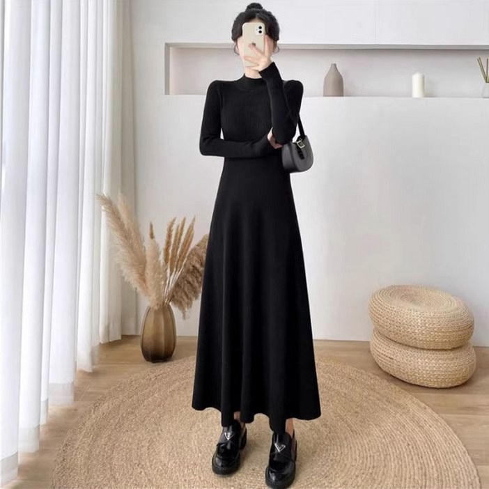 삼제태전 여성 가을 겨울 캐주얼 반하이넥 니트 A라인 롱 원피스 일상 코디용 코트 통근 룩