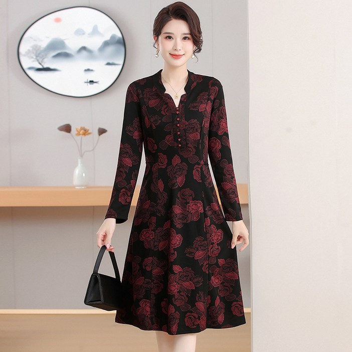 COSYEVNO 중년 엄마 긴팔 원피스 단추 장식 스타일리쉬 날씬해 보이는 플라워 패턴 편안한 스커트 BCXmmlyq9