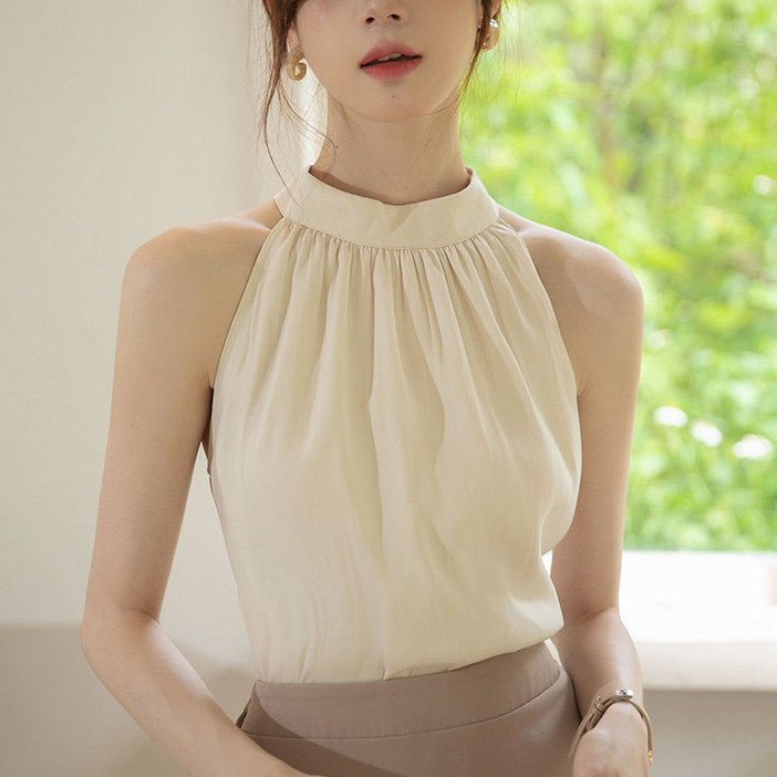 이유무무 NQ277 여성 오프 숄더 셔링 쉬폰 홀터넥 나시 블라우스