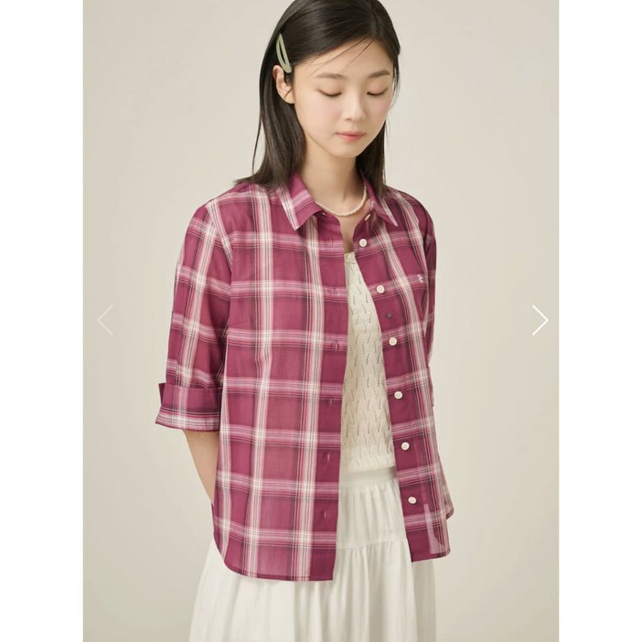 ❲백화점제품❳ 빈폴레이디스 블라우스 셔츠 아사 체크 7부 소매  마젠타 BF5464C03W 러블리 루즈핏