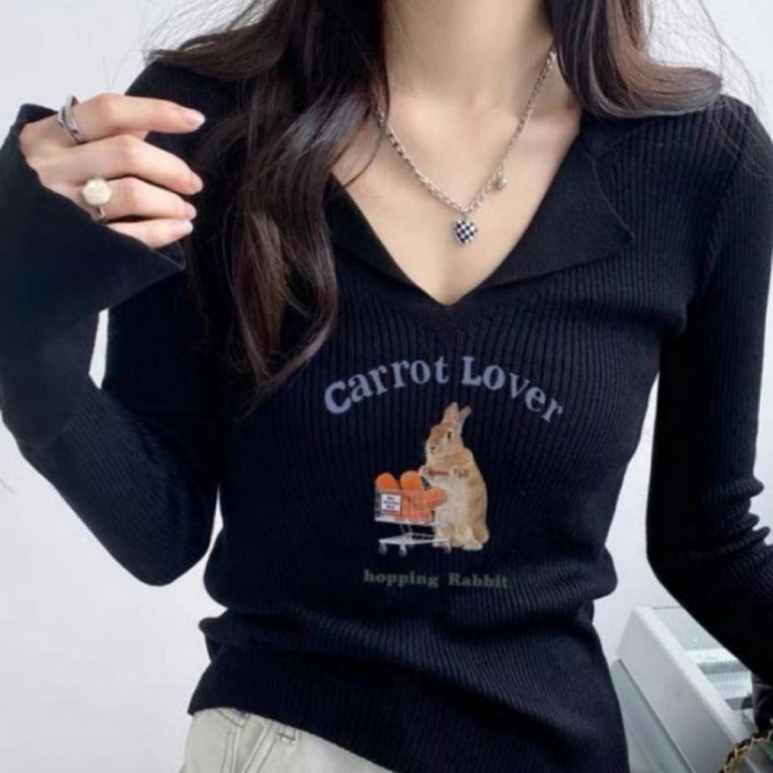 브이넥 카라 여성 티 긴팔 블랙 가을 티셔츠 니트 봄
